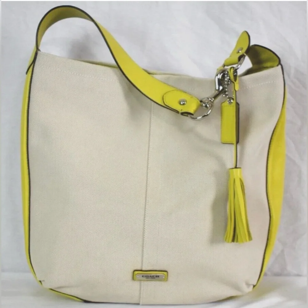 Coach Cream and Yellow Leather-Trim Hobo Shoulder Bag